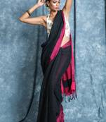 Black plain blended cotton saree with blouse