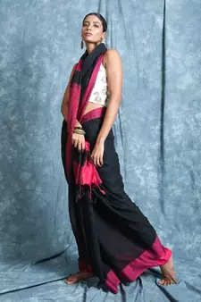 Black plain blended cotton saree with blouse