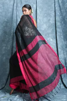 Black plain blended cotton saree with blouse