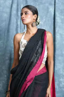 Black plain blended cotton saree with blouse