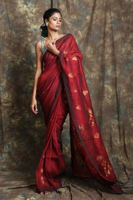 Dark red woven linen saree with blouse 1