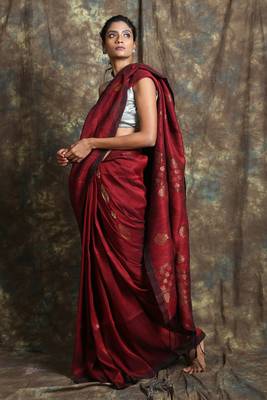 Dark red woven linen saree with blouse 2