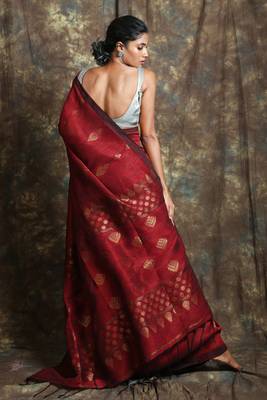 Dark red woven linen saree with blouse 3
