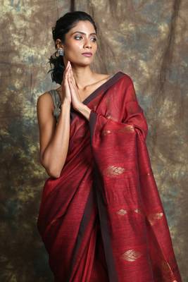 Dark red woven linen saree with blouse 4