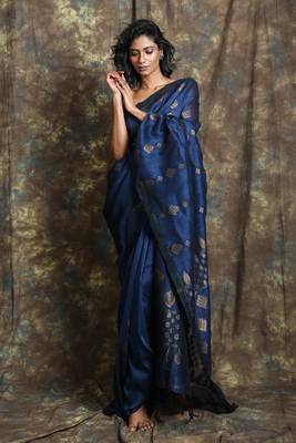 Navy blue woven linen saree with blouse 1