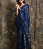 Navy blue woven linen saree with blouse