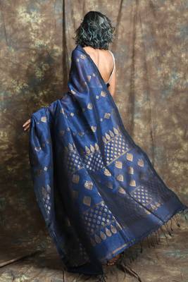 Navy blue woven linen saree with blouse 3