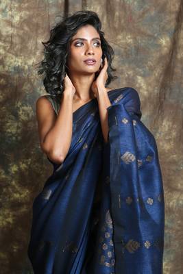 Navy blue woven linen saree with blouse 4