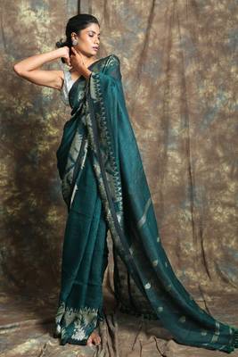 Green woven linen saree with blouse 1
