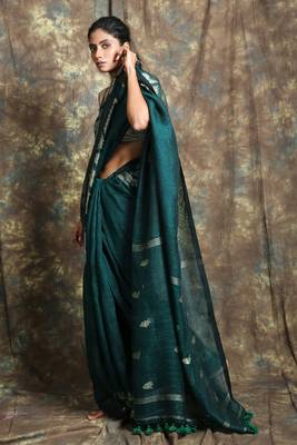 Green woven linen saree with blouse 2