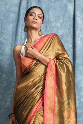 Yellow woven silk saree with blouse 4