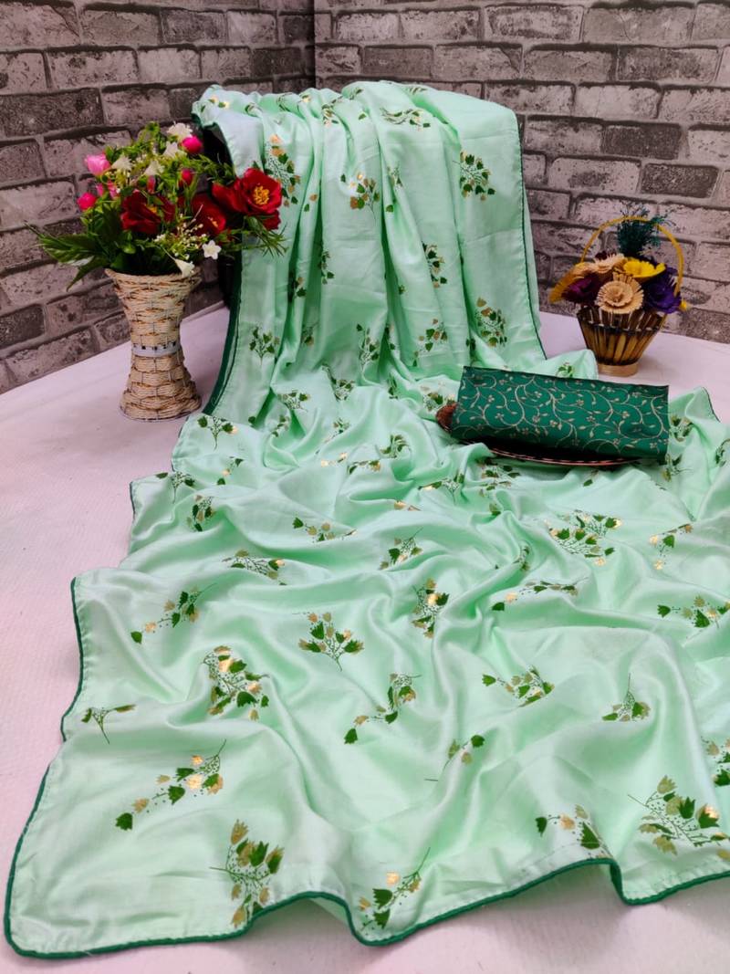 Sea green printed silk saree with blouse