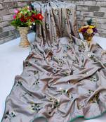 Grey Printed silk blend Blend Saree With Blouse