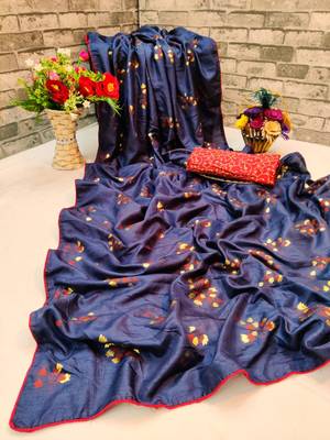 Navy blue printed silk saree with blouse 1