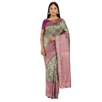 Dark green woven silk saree with blouse 1