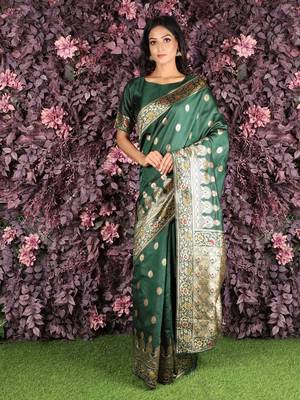 Dark green woven silk saree with blouse 1