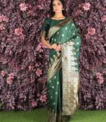 Dark green woven silk saree with blouse