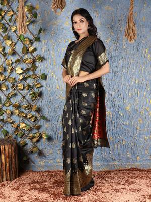 Black woven Bemberg silk saree with blouse 1