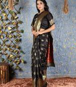 Black woven Bemberg silk saree with blouse