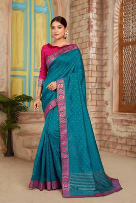 Dark sky blue woven silk saree with blouse 1