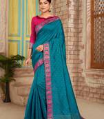 Dark sky blue woven silk saree with blouse
