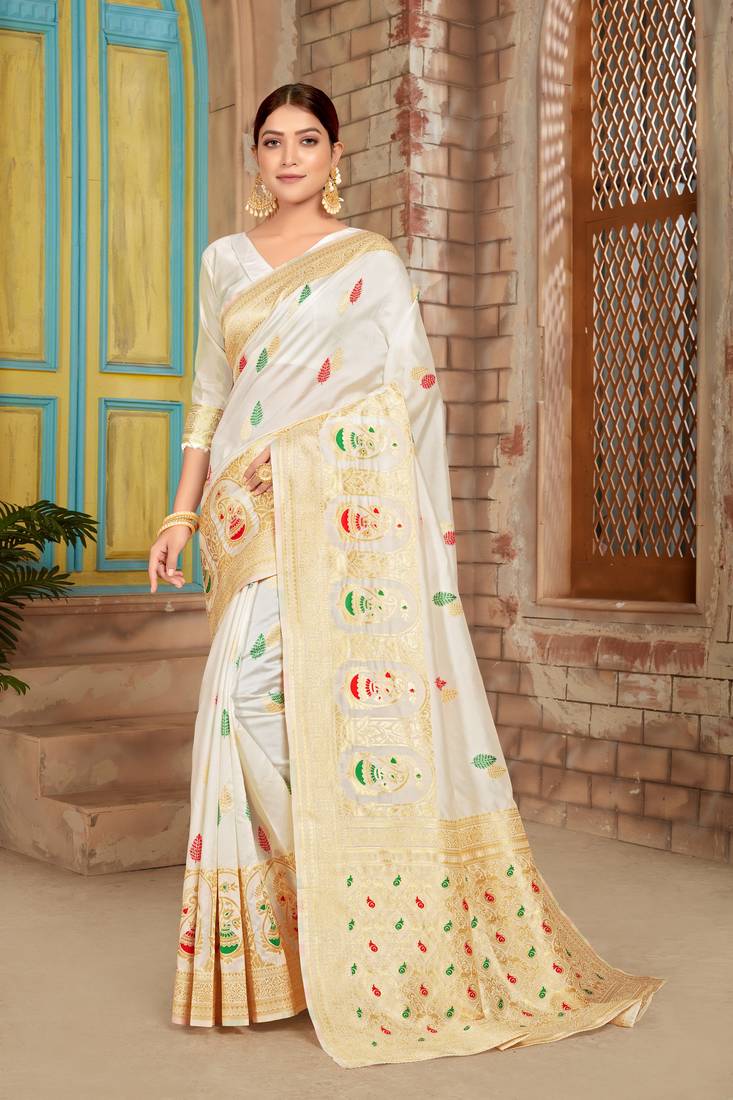 White woven silk saree with blouse