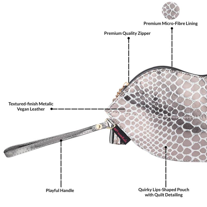 NFI essentials Cosmetic Bag Makeup Pouch for Women Stylish Pouches for Makeup Accessories Storage (Silver)