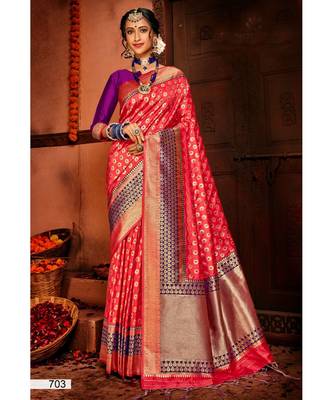 Peach Thread Work semi silk saree Daily & Party Wear Saree With Blouse 1
