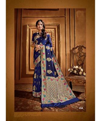 Royal Blue Thread Work Spun Cotton Daily & Party Wear Saree With Blouse 1