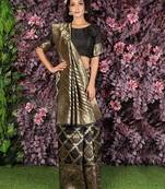 Black woven art silk saree with blouse