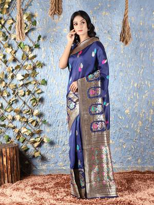 Navy blue woven silk saree with blouse 1