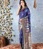 Navy blue woven silk saree with blouse