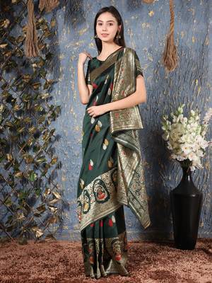 Dark green woven silk saree with blouse 1