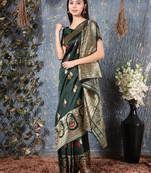 Dark green woven silk saree with blouse