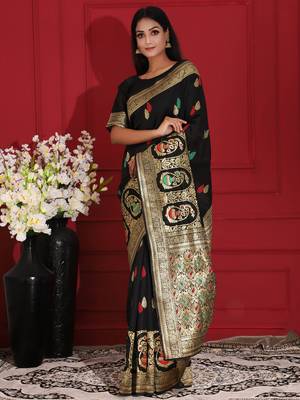 Black woven silk saree with blouse 1