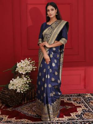 Navy blue woven silk saree with blouse 1
