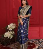 Navy blue woven silk saree with blouse