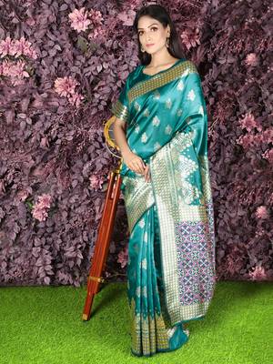 Teal woven silk saree with blouse 1