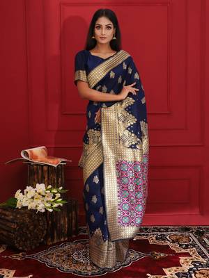 Navy blue woven silk saree with blouse 1