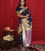 Navy blue woven silk saree with blouse
