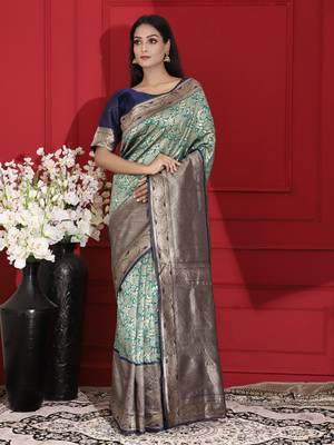 Teal woven silk saree with blouse 1