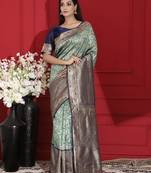 Teal woven silk saree with blouse