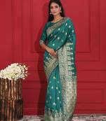 Teal woven silk saree with blouse