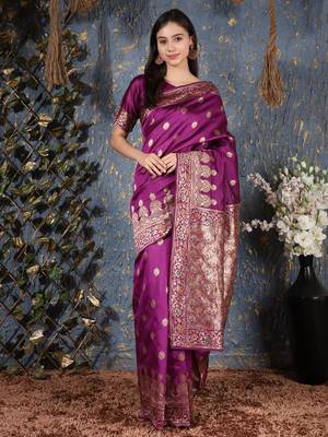 Purple woven silk saree with blouse 1