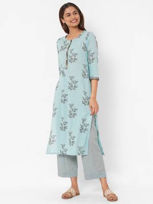 Aqua-blue printed cotton kurta-sets 1