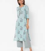 Aqua-blue printed cotton kurta-sets