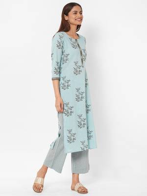 Aqua-blue printed cotton kurta-sets 2