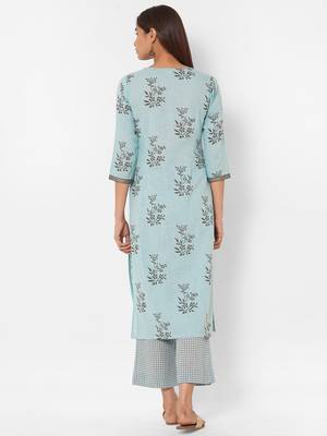 Aqua-blue printed cotton kurta-sets 3