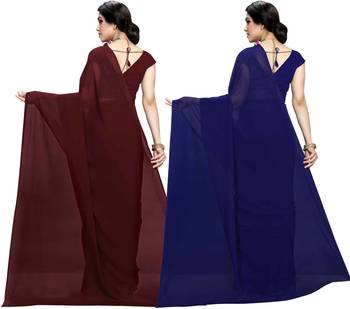 multicolor Georgette Plain Daily Wear Saree With Blouse (Pack of 2) 3