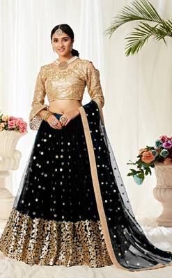 Black embroidered net semi stitched lehenga 1